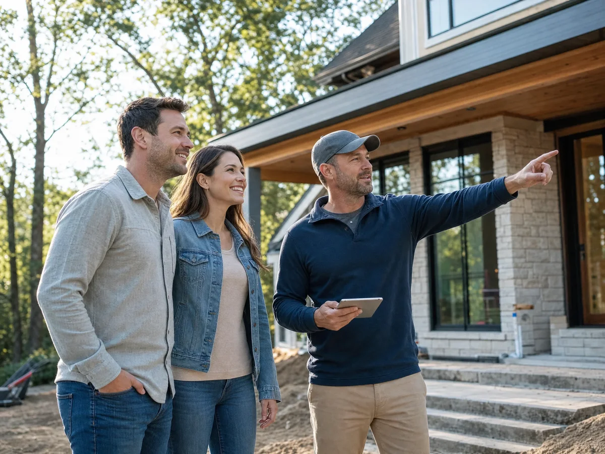 General contractor walking a residential job site with a smiling couple pointing out project details