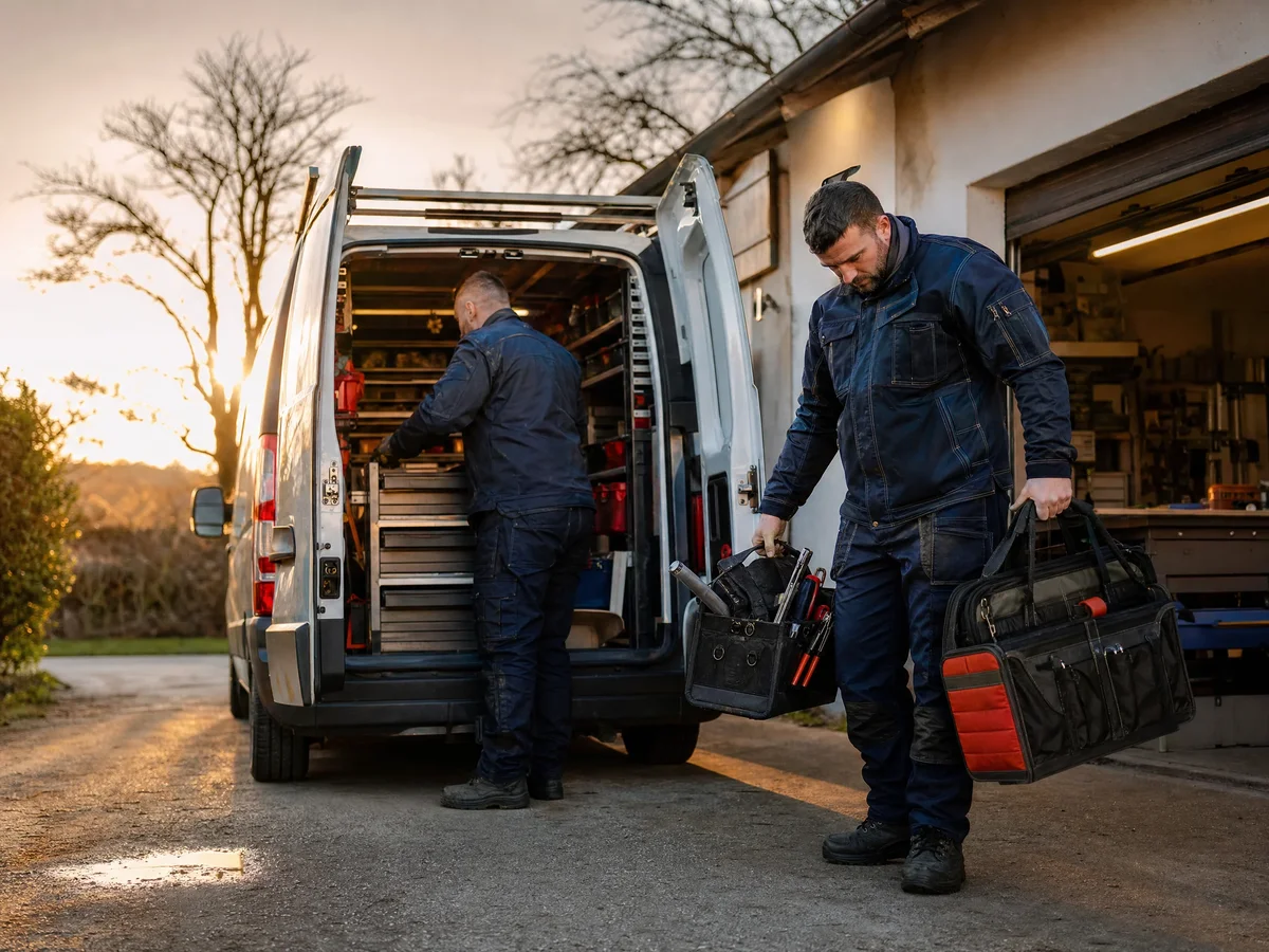 Two professional trade technicians loading equipment into a service truck at sunrise