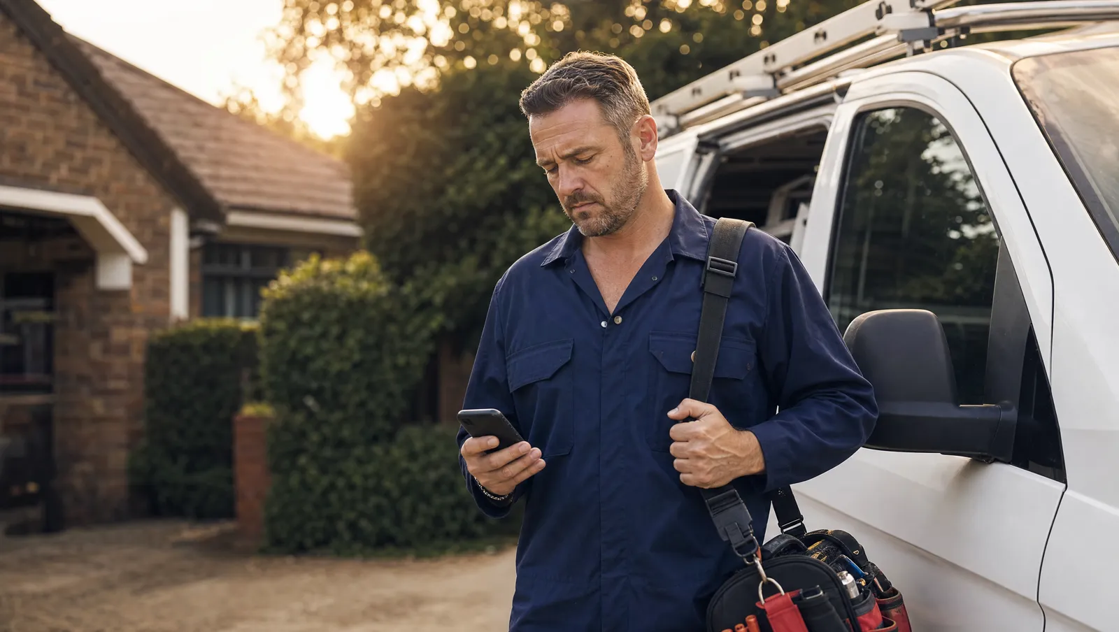 Service contractor standing beside his work van, checking his phone with a concerned look