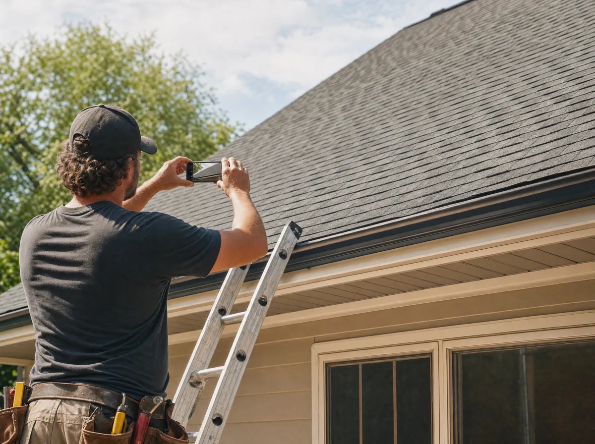 Roofing contractor photographing finished roof work with his smartphone from a ladder