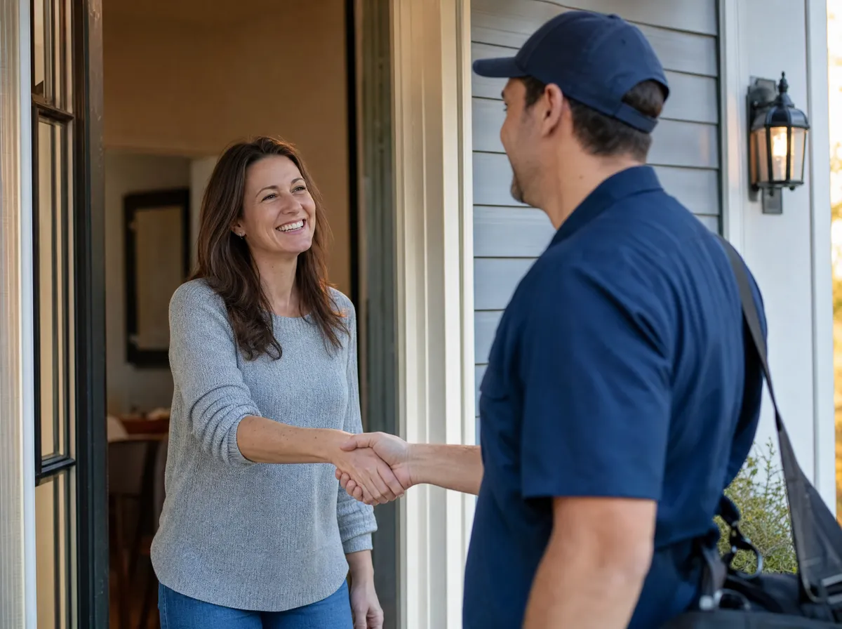 Homeowner shaking hands with a service contractor at her front door after a completed job