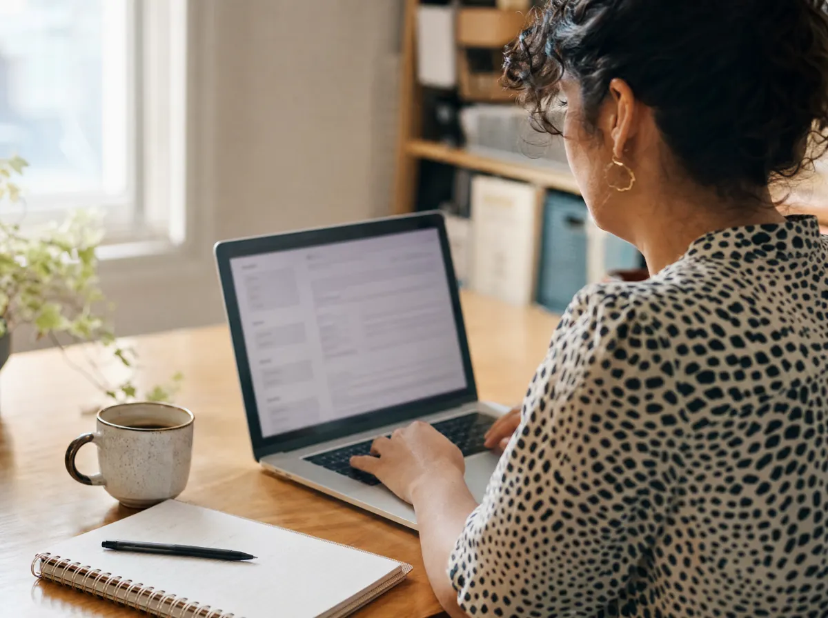 Small business owner at a desk updating business listings on a laptop