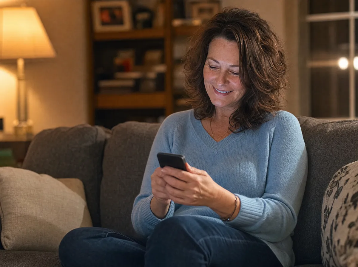 Homeowner sitting on her couch writing a review on her smartphone