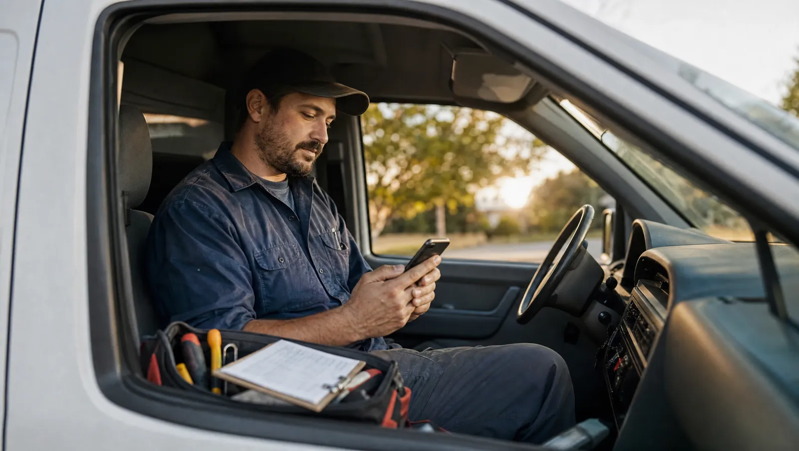 Service technician sitting in his work van sending a text message after finishing a job