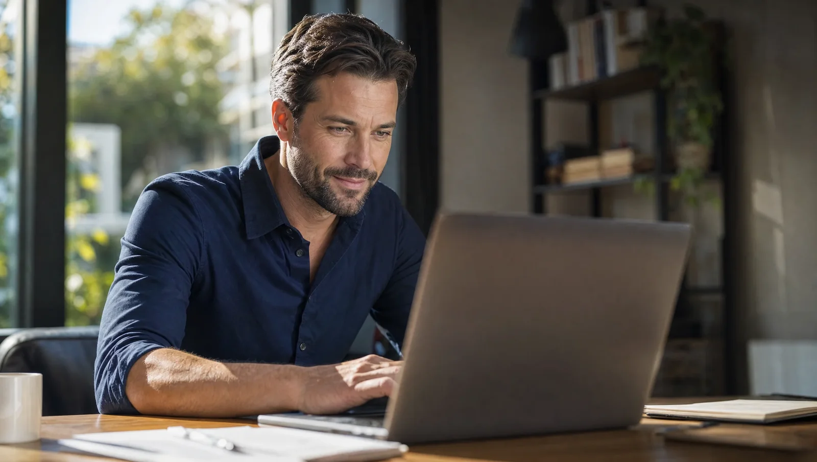 Local business owner reviewing his monthly local SEO report on a laptop in a sunlit office