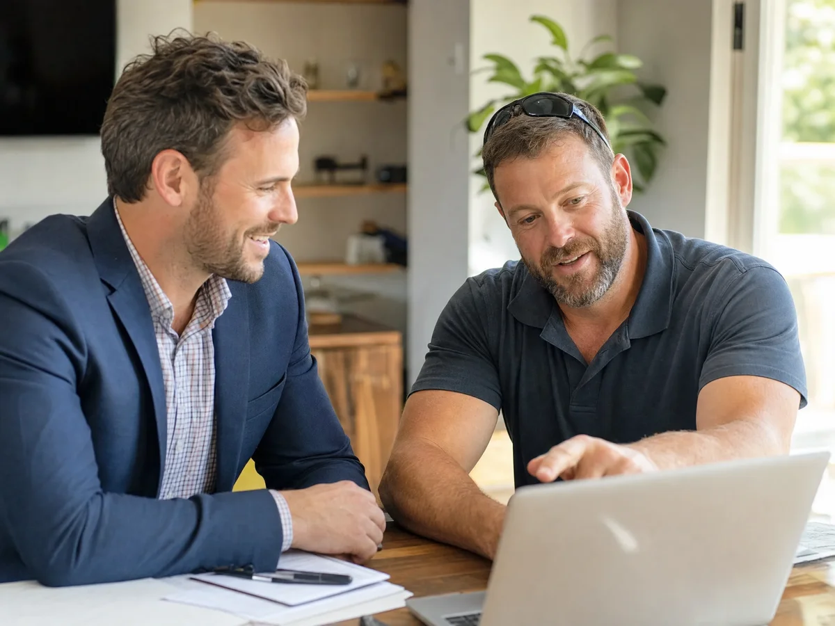 Consultant and business owner reviewing a monthly local SEO report together across a meeting table
