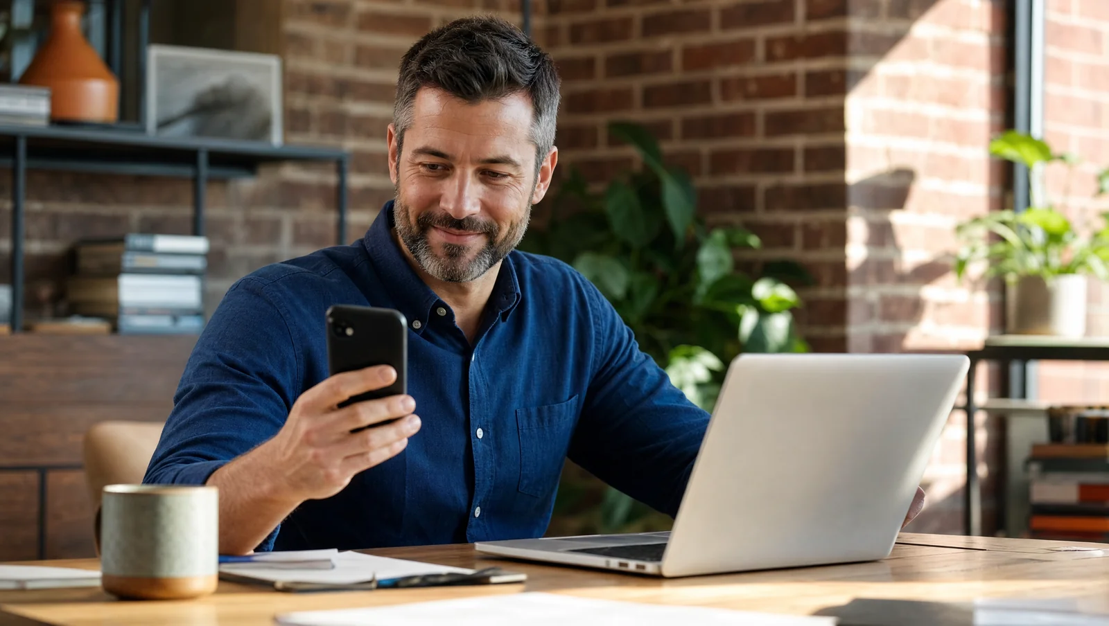 Local small business owner sitting at sunlit desk with coffee, viewing inbound customer estimate on smartphone