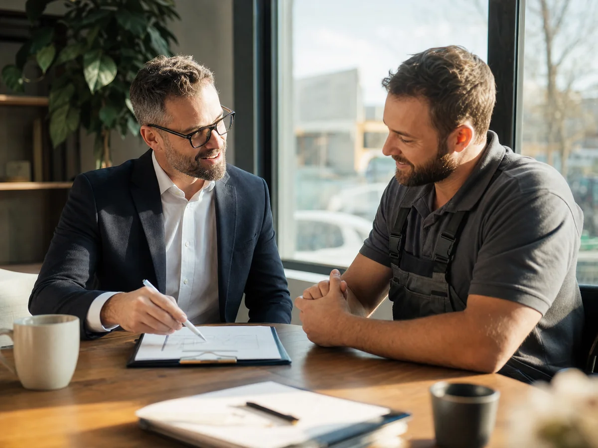 Local service business owner and digital marketing consultant reviewing site strategy at a sunlit meeting table