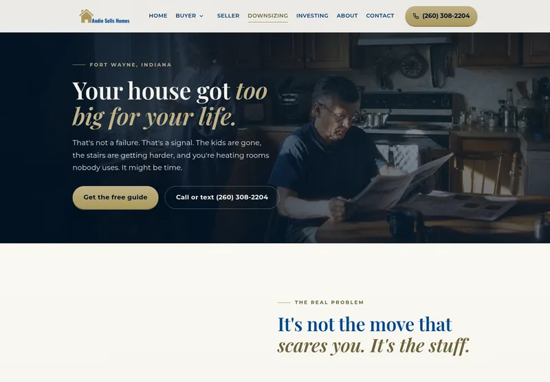 Downsizing landing page: headline Your house got too big for your life, with a Get the free guide button