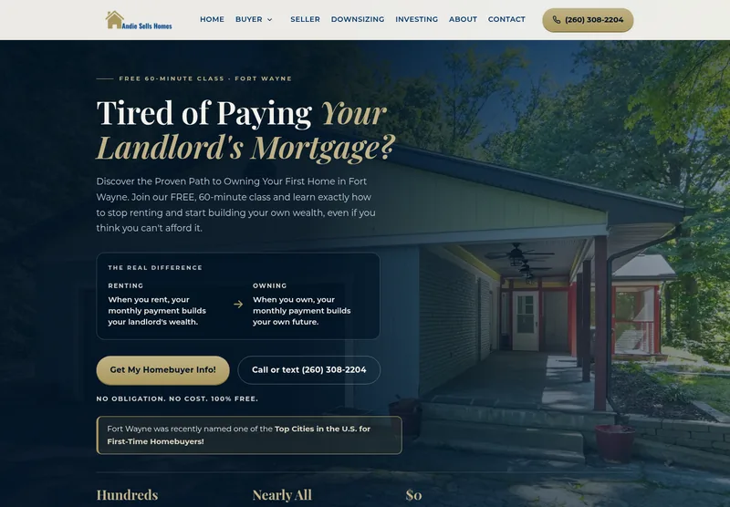 First-time homebuyer class page: headline Tired of paying your landlord's mortgage, with a renting versus owning comparison