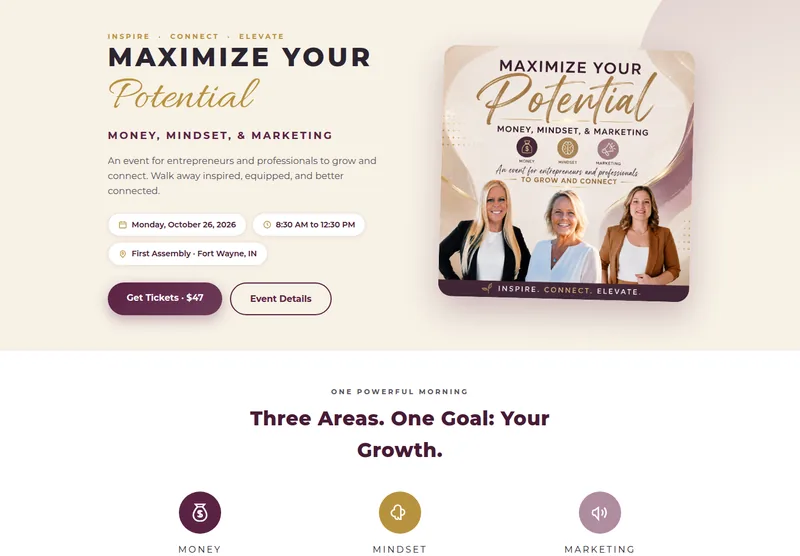 Maximize Your Potential event registration page with event date, time, venue, and Get Tickets button