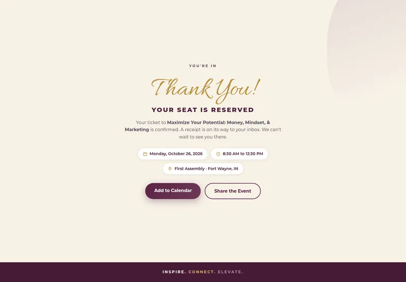 Event confirmation page reading You're in, Thank you, your seat is reserved, with Add to Calendar and Share the Event buttons